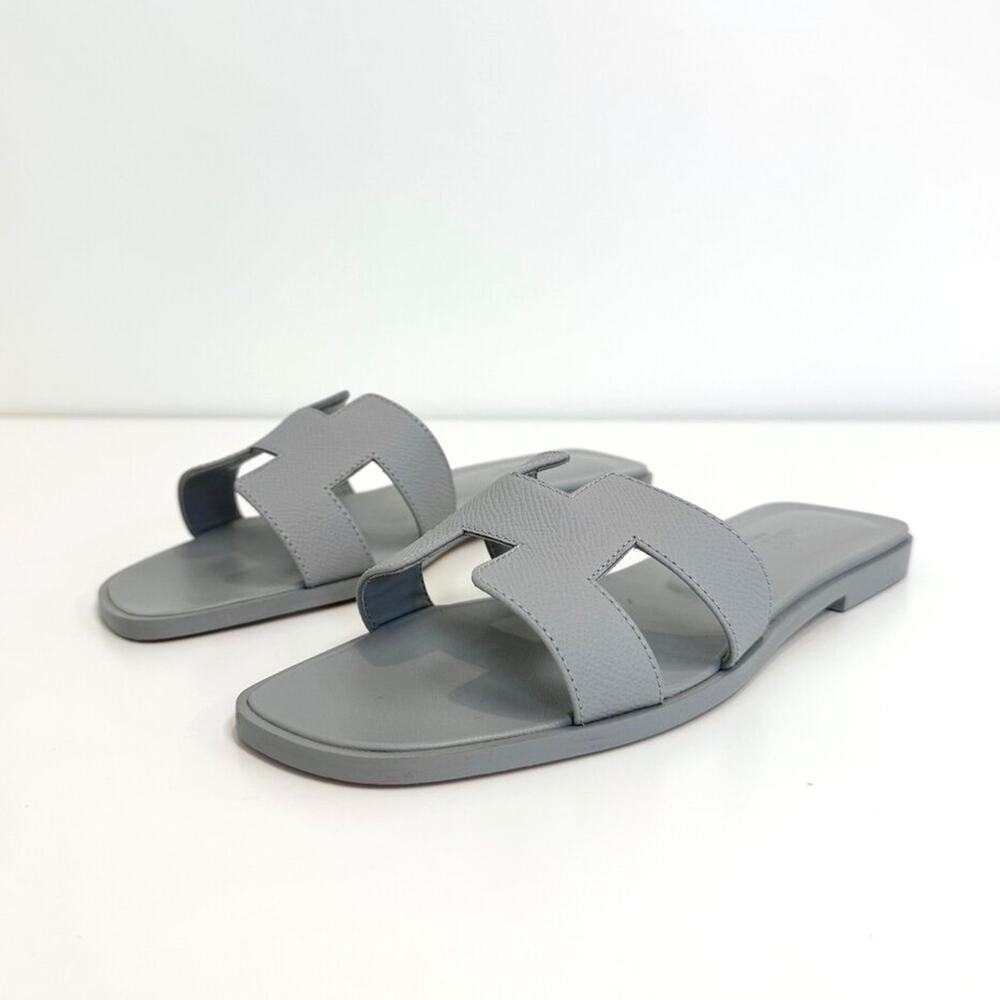 HERMES Oran Bleu Glacier Epsom Calfskin Sandal 38.5 NEW H Slide Leather Flats
